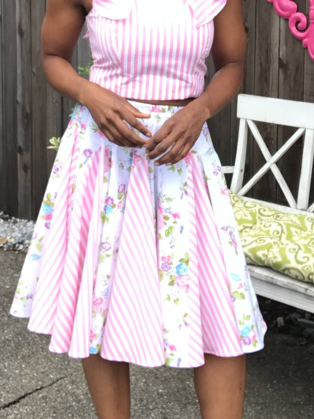 Pink Striped & Floral Godet Full Elastic Waist Skirt